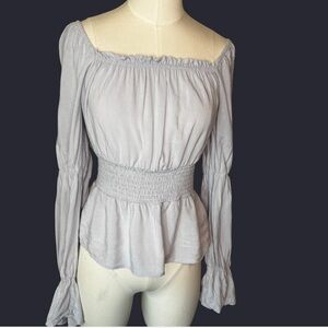Chic square neckline gathered shoulder Light blue-Gray Blouse cinched waist